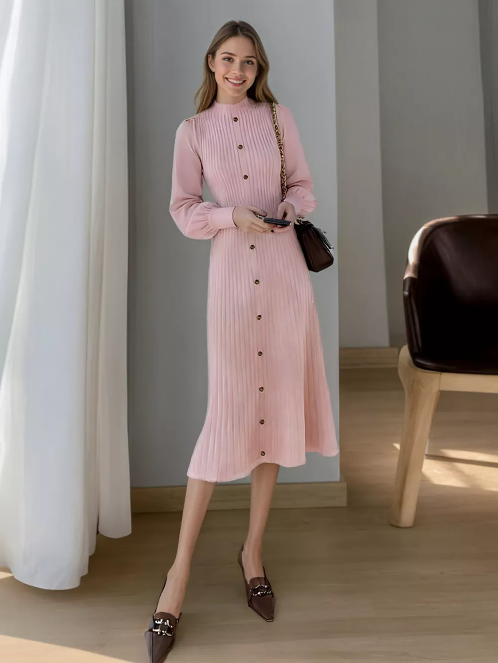 Ribbed Knit Mock Neck Midi Dress, image 3
