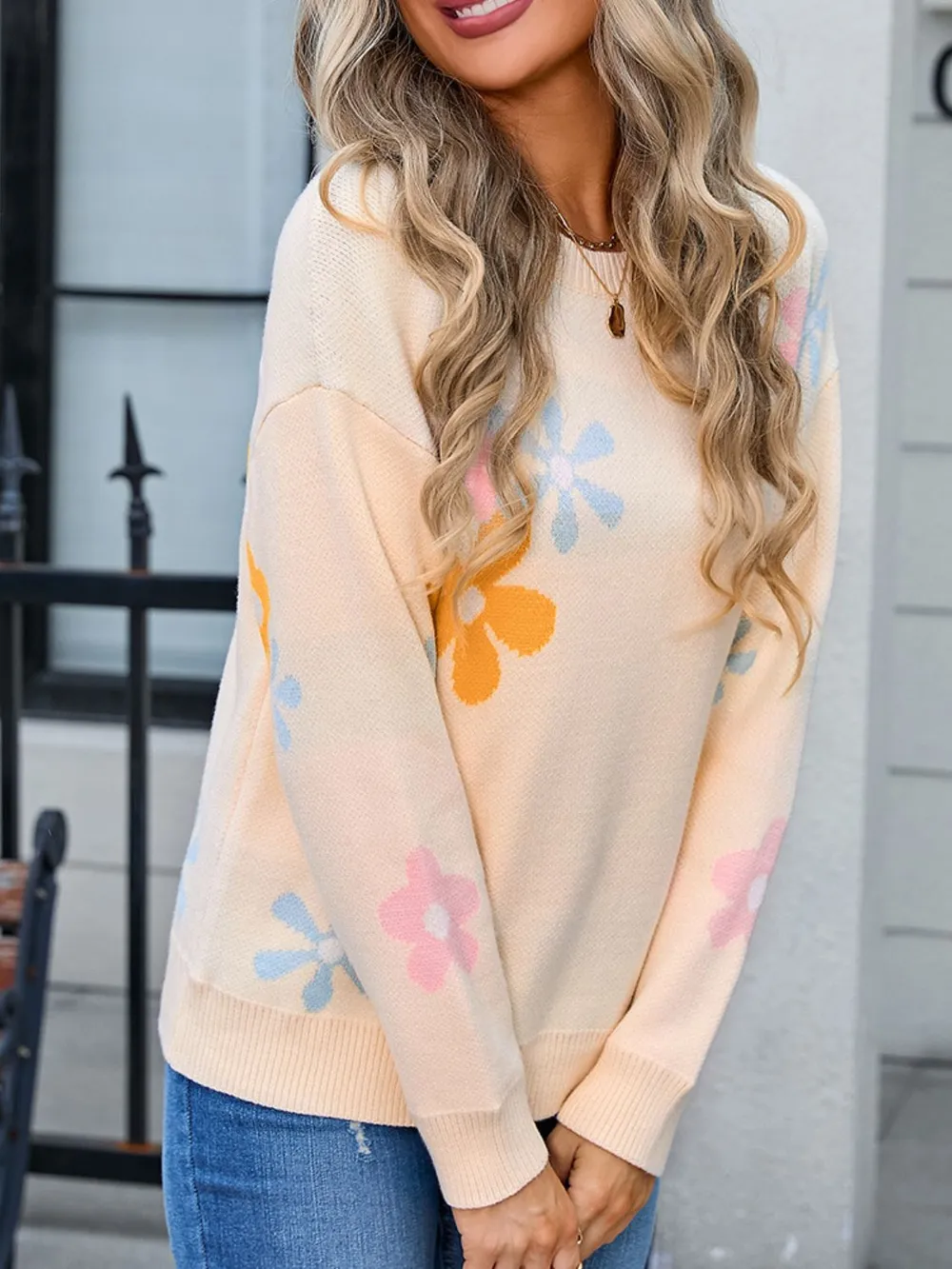 Flower Round Neck Dropped Shoulder Sweater, image 8