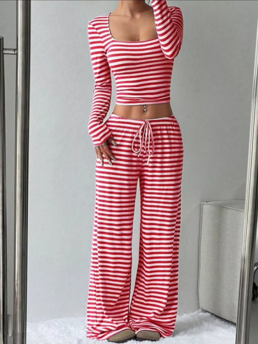 Striped Long Sleeve Crop Top & Wide Leg Pants Set, image 2
