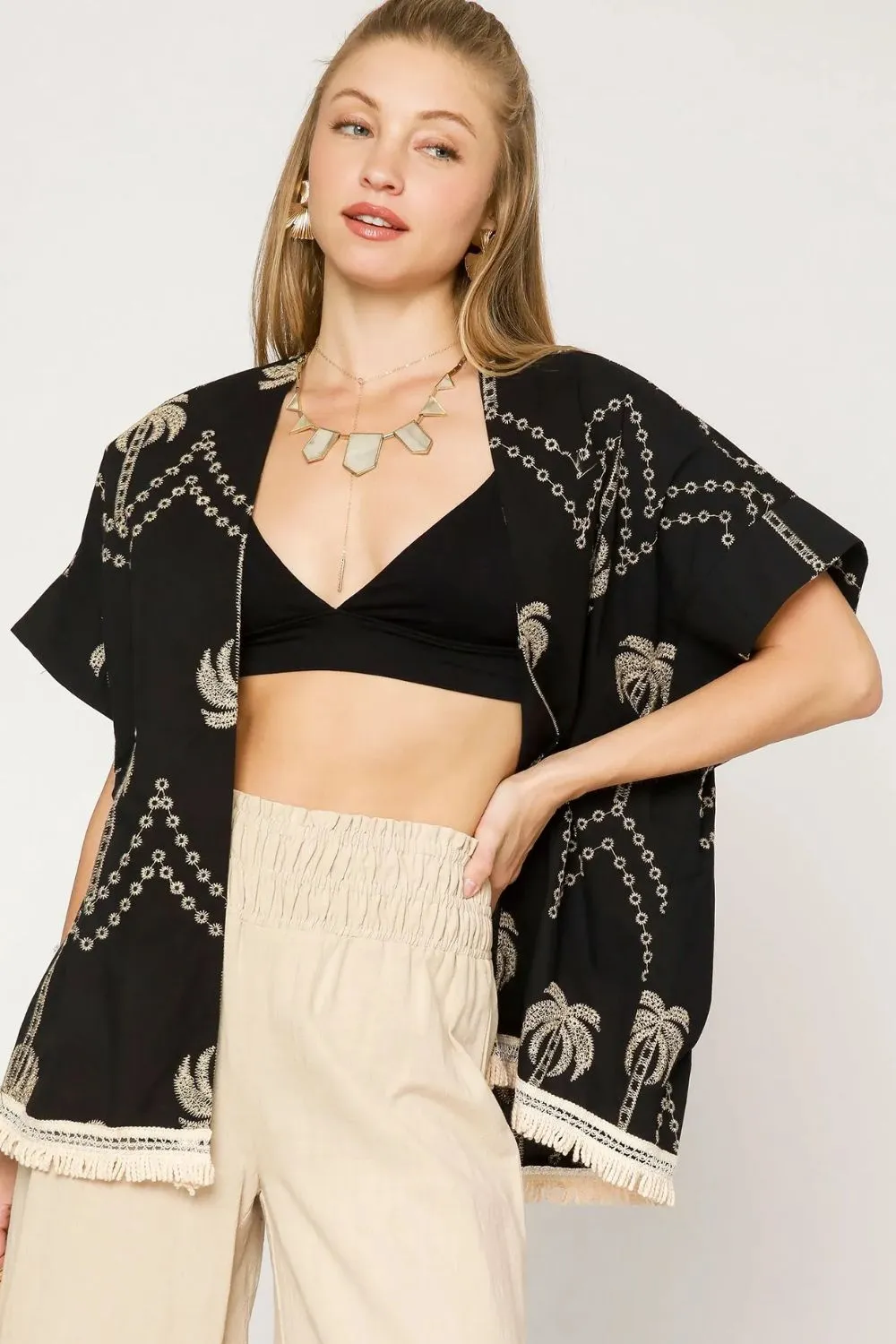 Open Front Embroidered Fringe Kimono