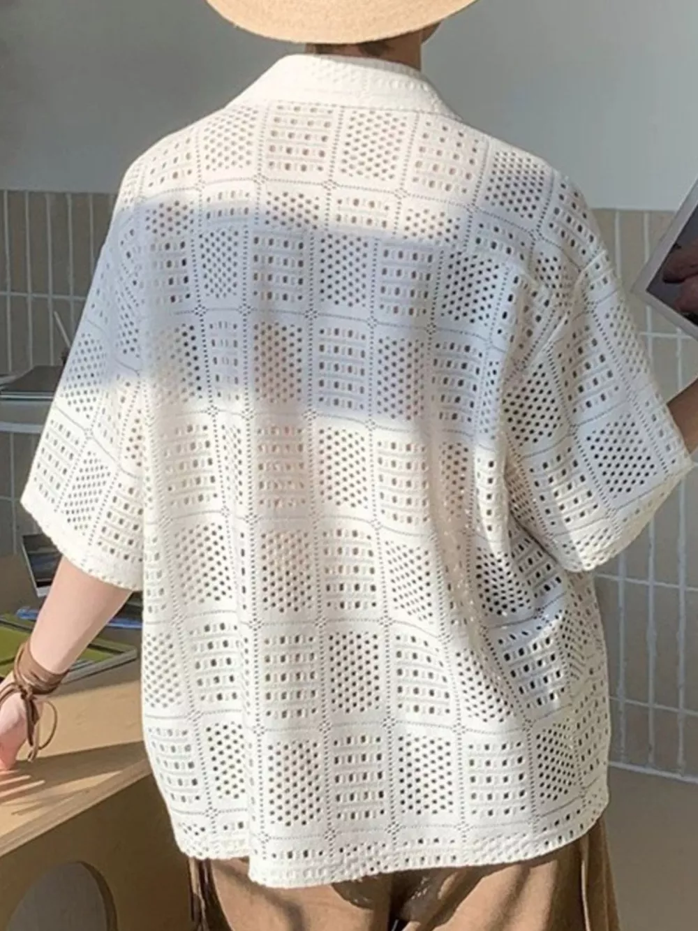 Men's Plus Size Crocheted Square Pattern Short Sleeve Shirt, image 4