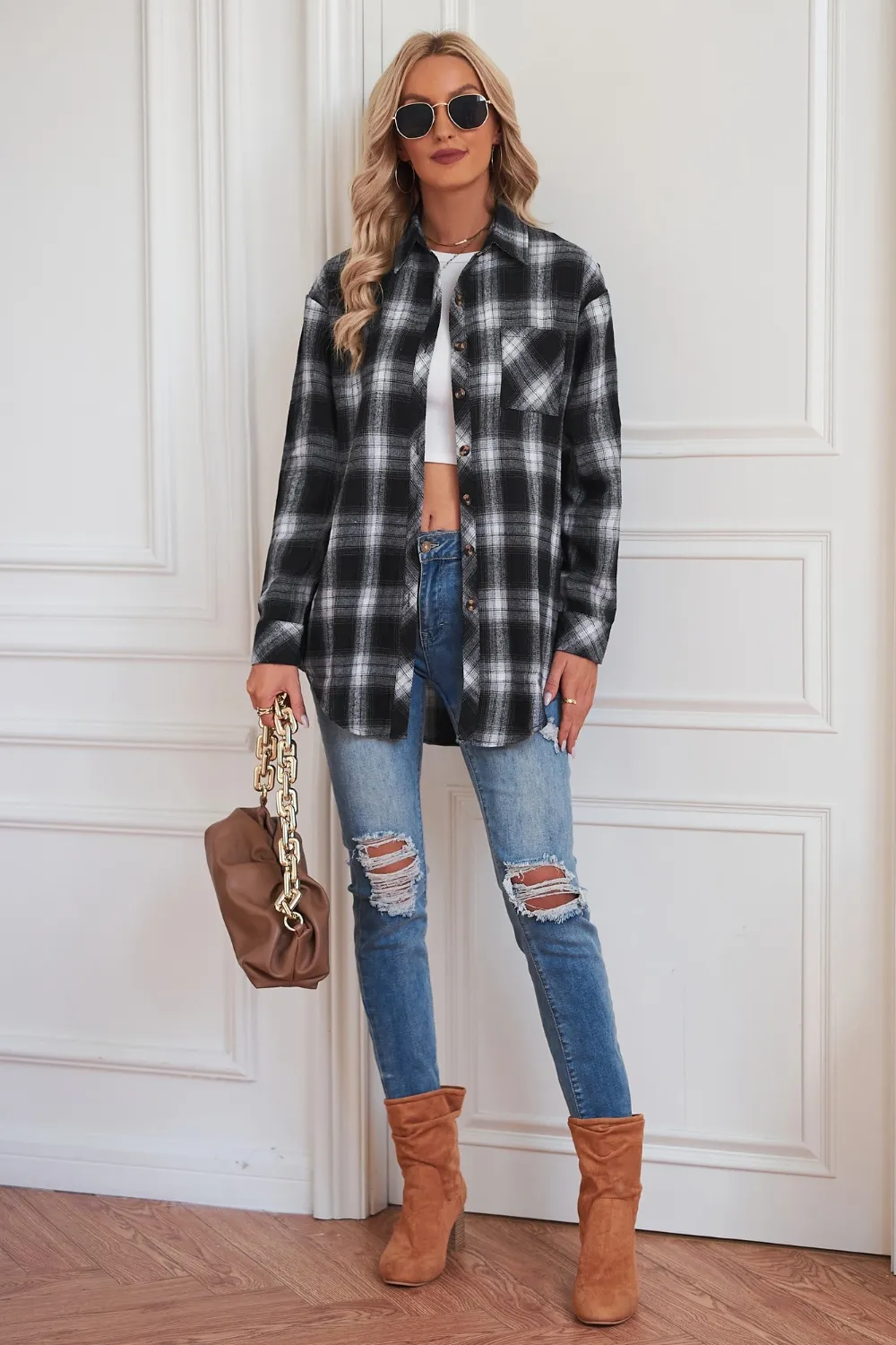 Plaid Button Up Dropped Shoulder Outerwear, image 10
