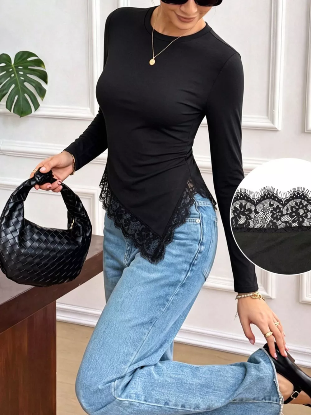 Asymmetrical Lace Hem Long Sleeve T-Shirt, image 4