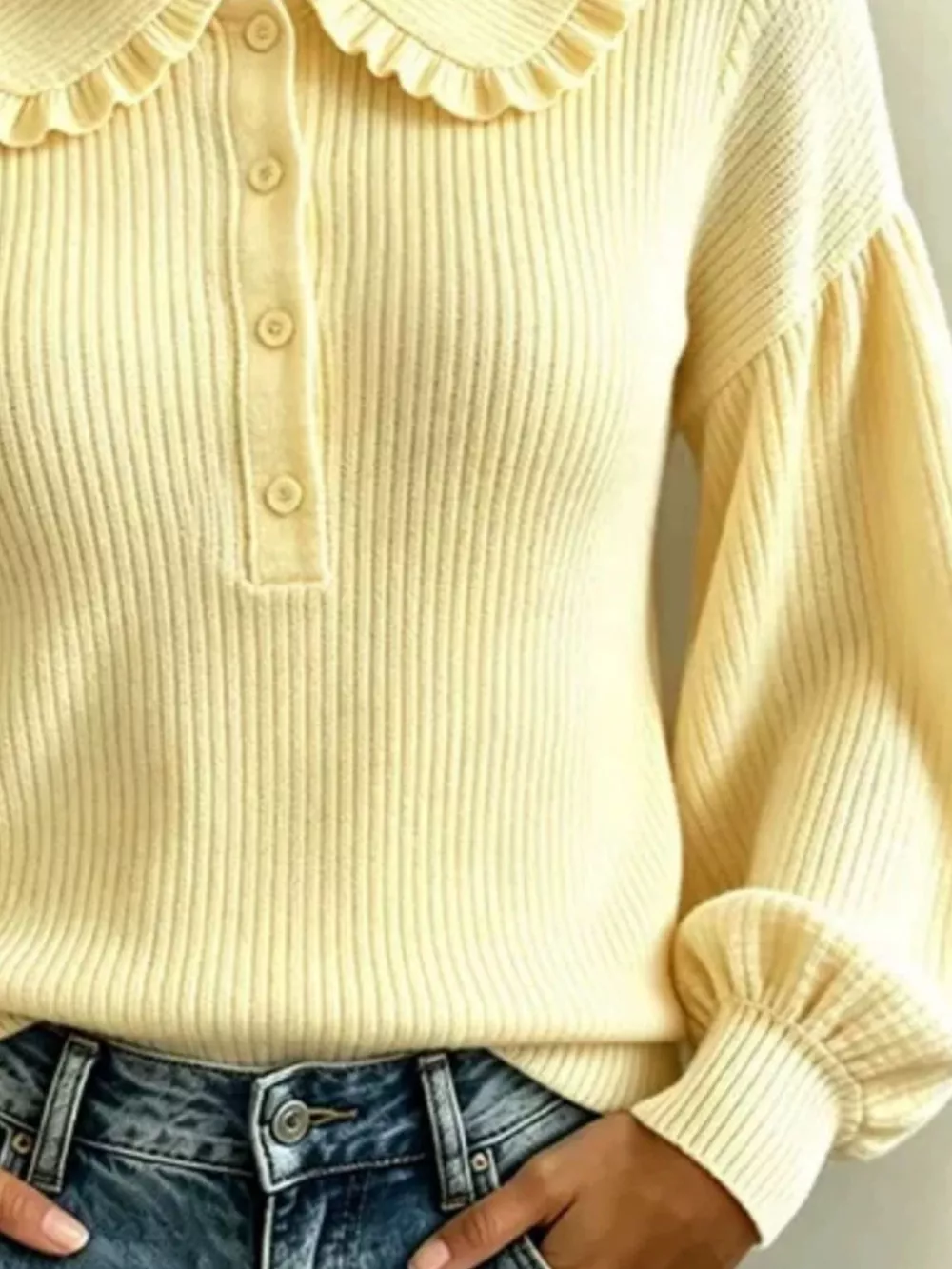 Full Size Ruffle Collar Button Detail Sweater Plus Size, image 7