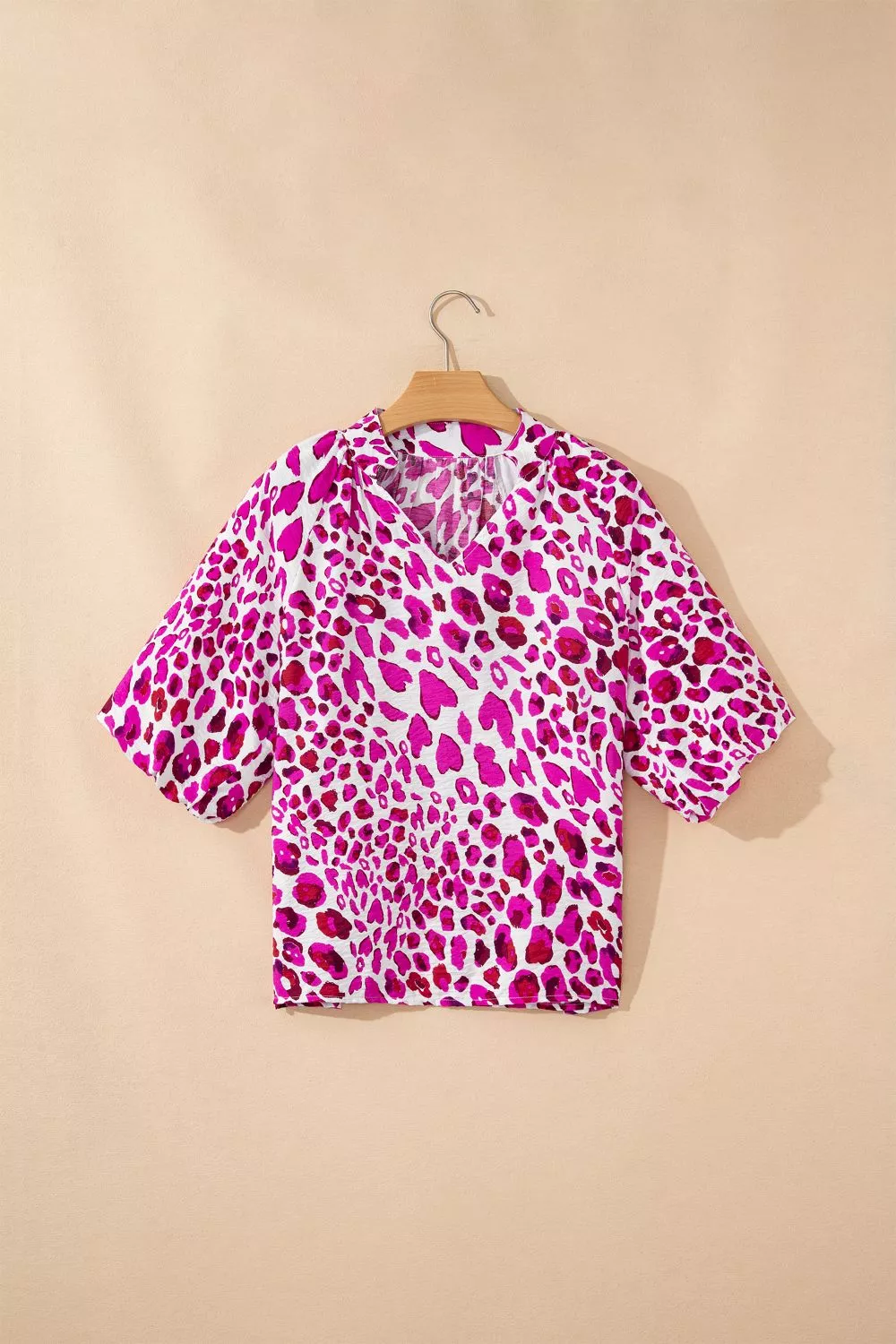 Leopard Print V Neck Puffy Half Sleeve Blouse, image 4