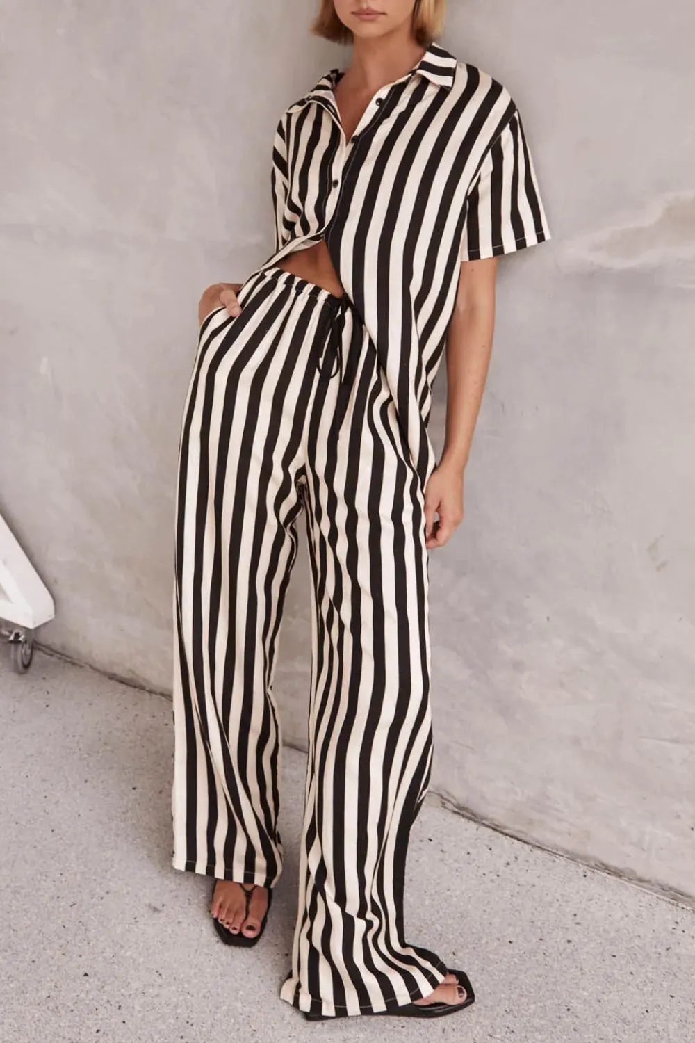 Striped Collared Neck Half Sleeve Top and Pants Set, image 5