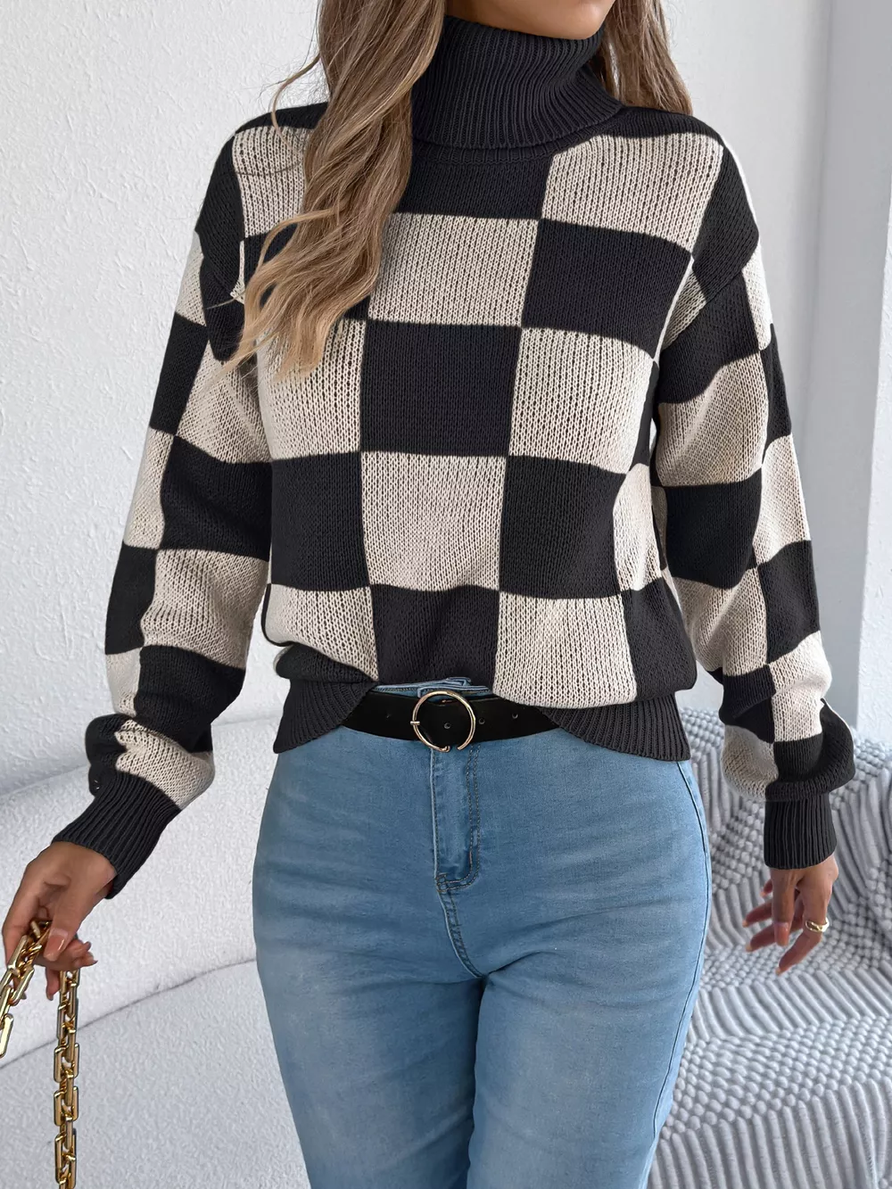 Checkered Turtleneck Long Sleeve Sweater, image 11