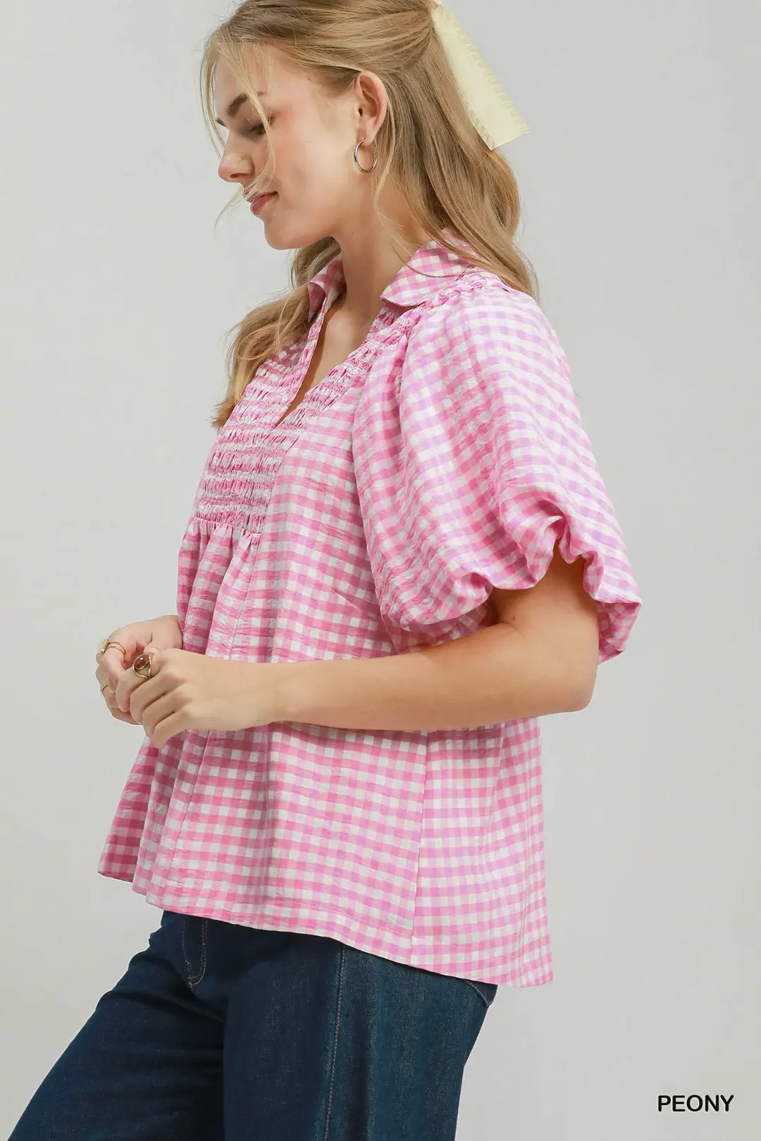Smocked Yoke Puff Sleeve Gingham Blouse, image 2