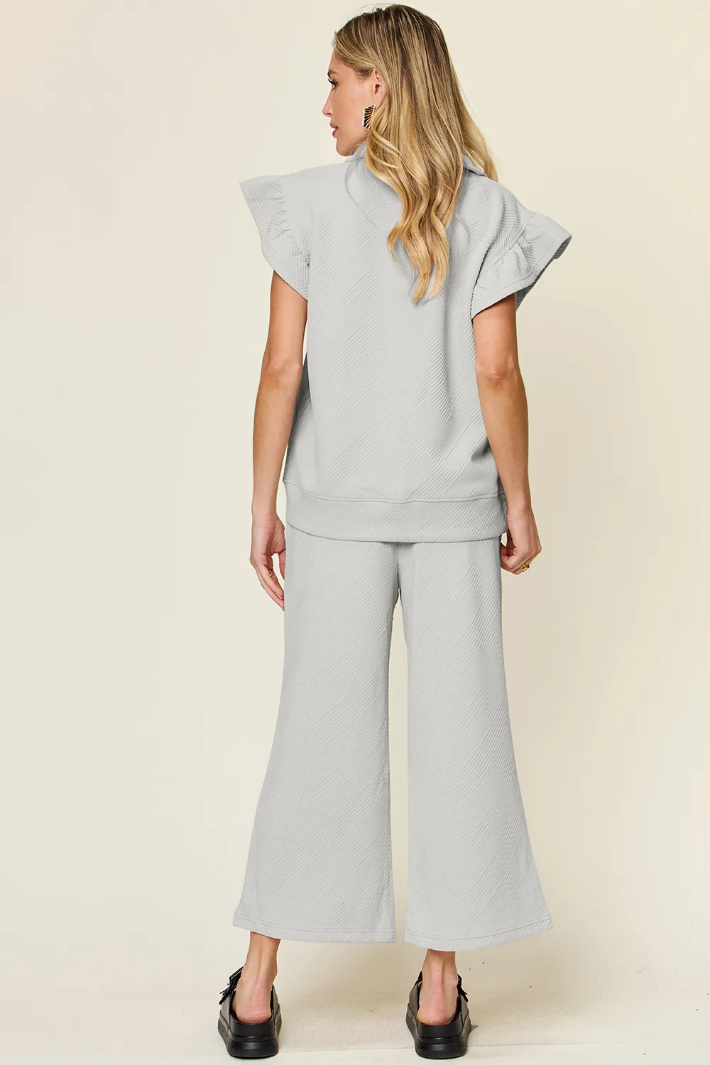 Texture Ruffle Short Sleeve Top and Drawstring Wide Leg Pants Set, image 5