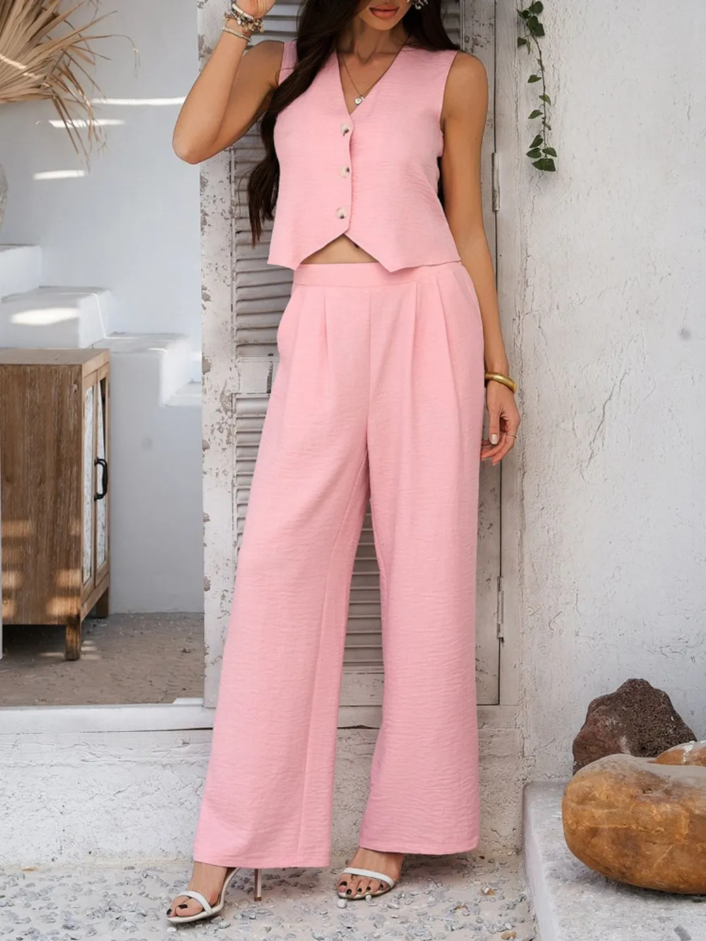 Button Down Vest and Wide Leg Pants Set, image 3