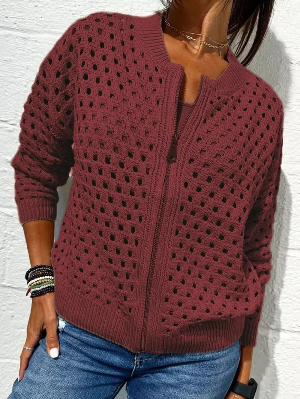 Full Size Zip Up Long Sleeve Cardigan with Eyelet Detail Plus Size, image 3