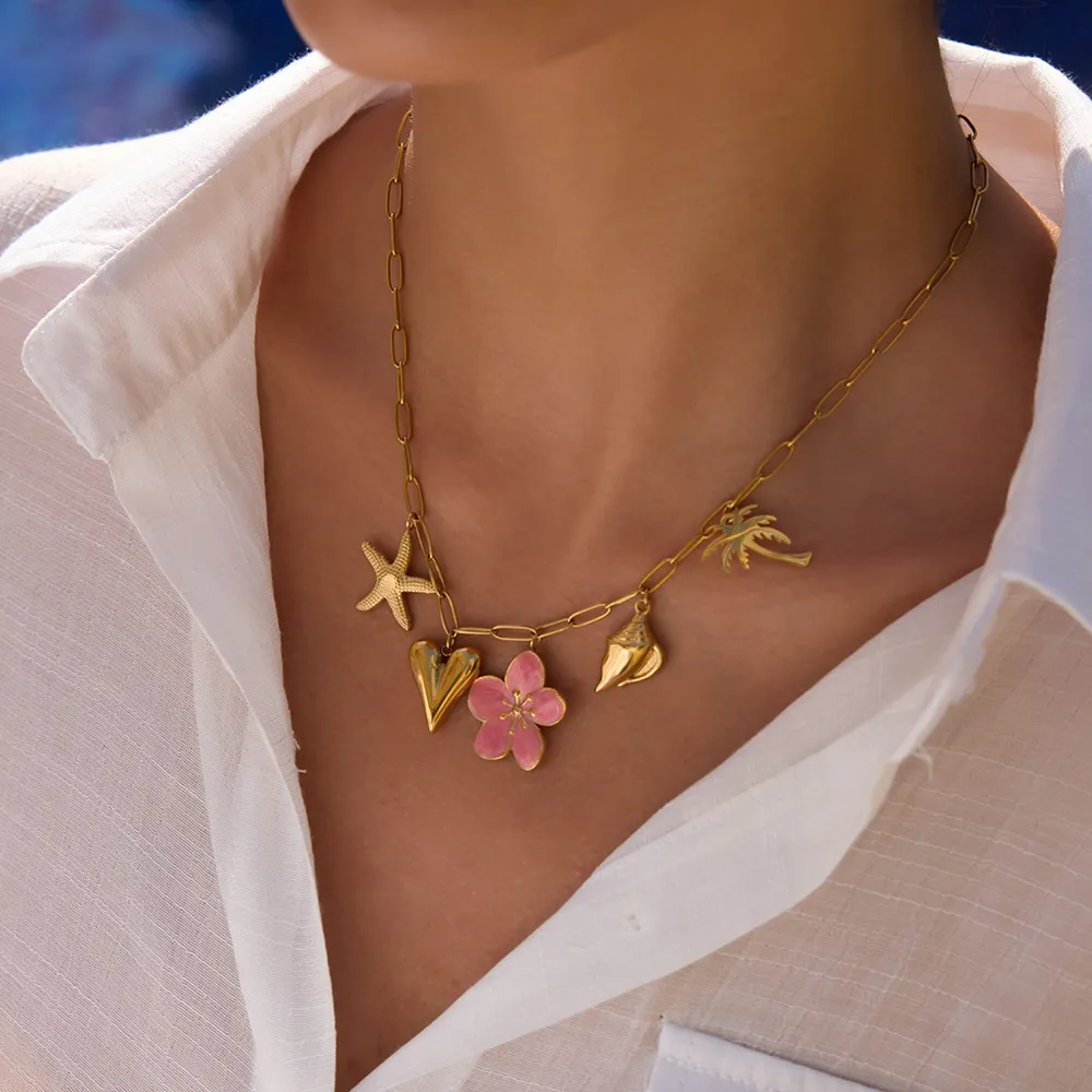 Beach Theme Pendant Necklace with Resin Flower