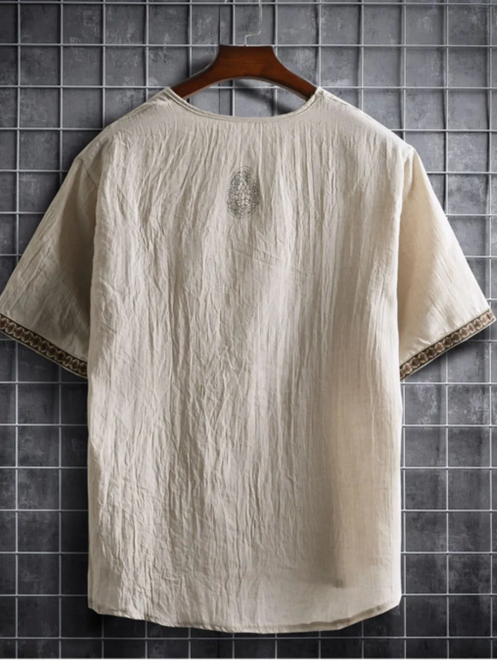 Men's Plus Size Texture Short Sleeve Top with Ethnic Trim, image 8