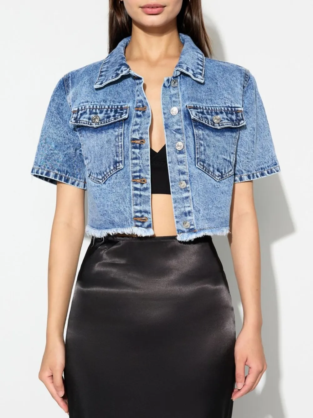 Cropped Short Sleeve Denim Jacket with Frayed Hem, image 5