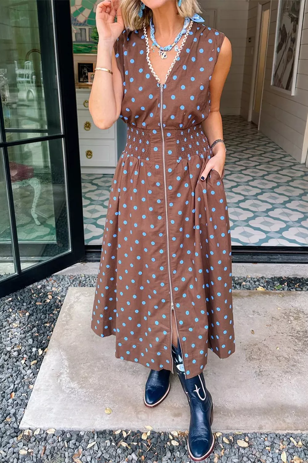 Polka Dot Zipper Front Midi Dress, image 2