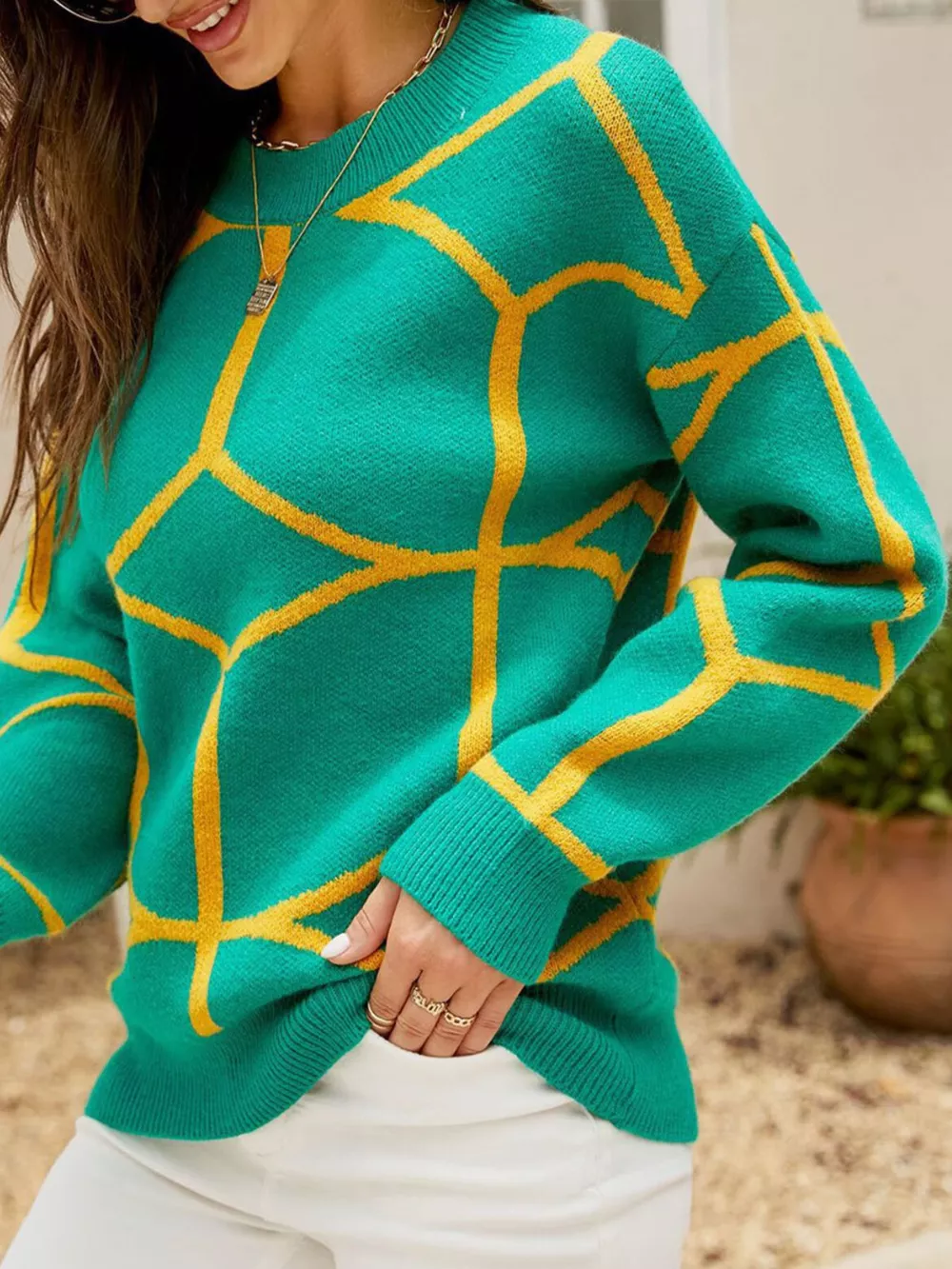 Geometric Pattern Crew Neck Sweater, image 7