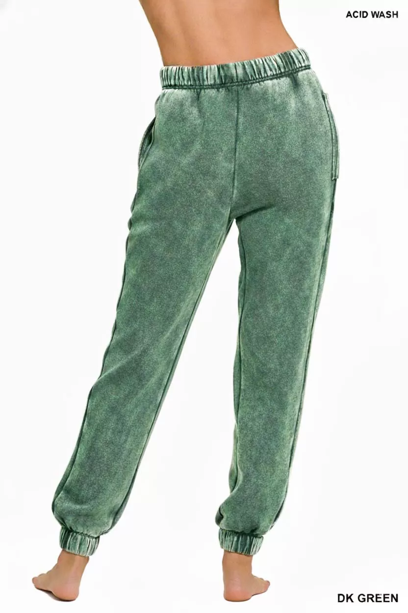 Acid Wash Fleece Sweatpants with Pockets, image 2