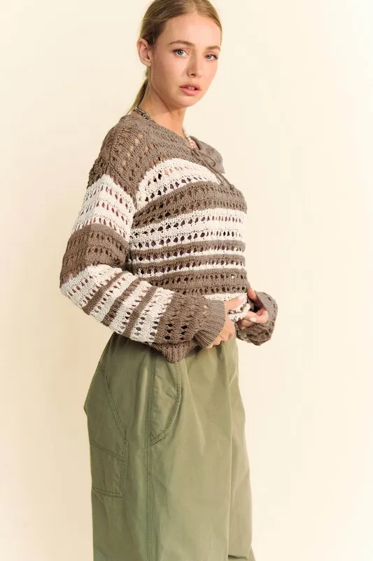 Contrast Striped Crochet Drop Shoulder Knit Cover Up, image 3