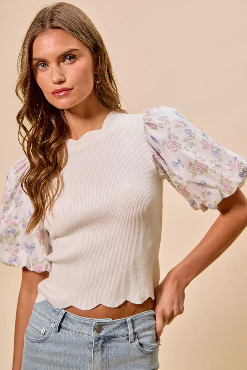 Floral Cotton Contrast Sleeves Scallop Sweater Top, image 6