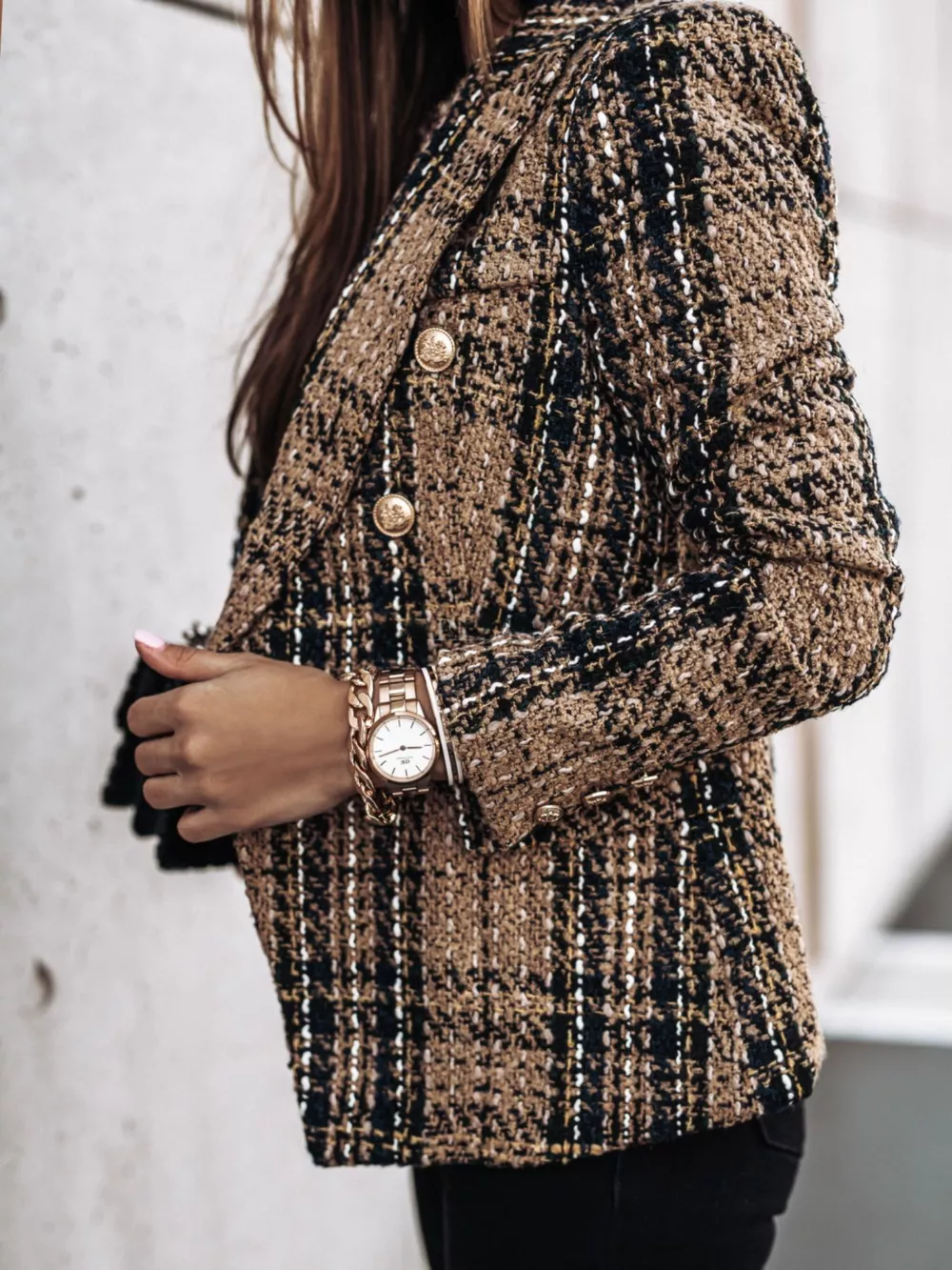 Full Size Plaid Tweed Double-Breasted Blazer Plus Size, image 2