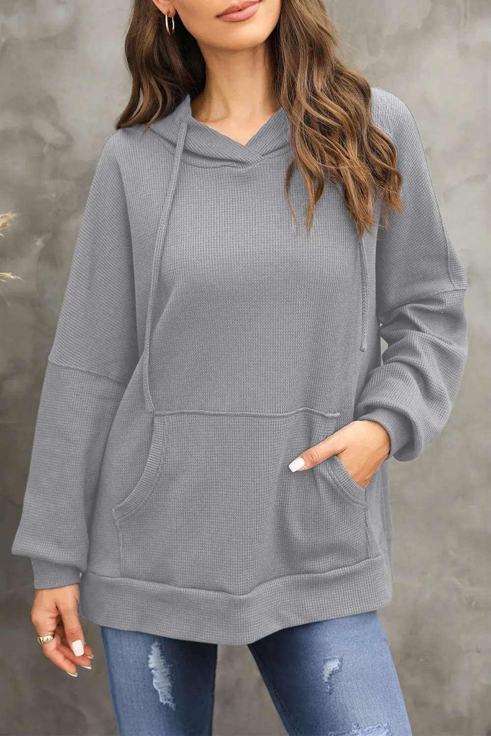 Waffle-Knit Long Sleeve Hoodie, image 2