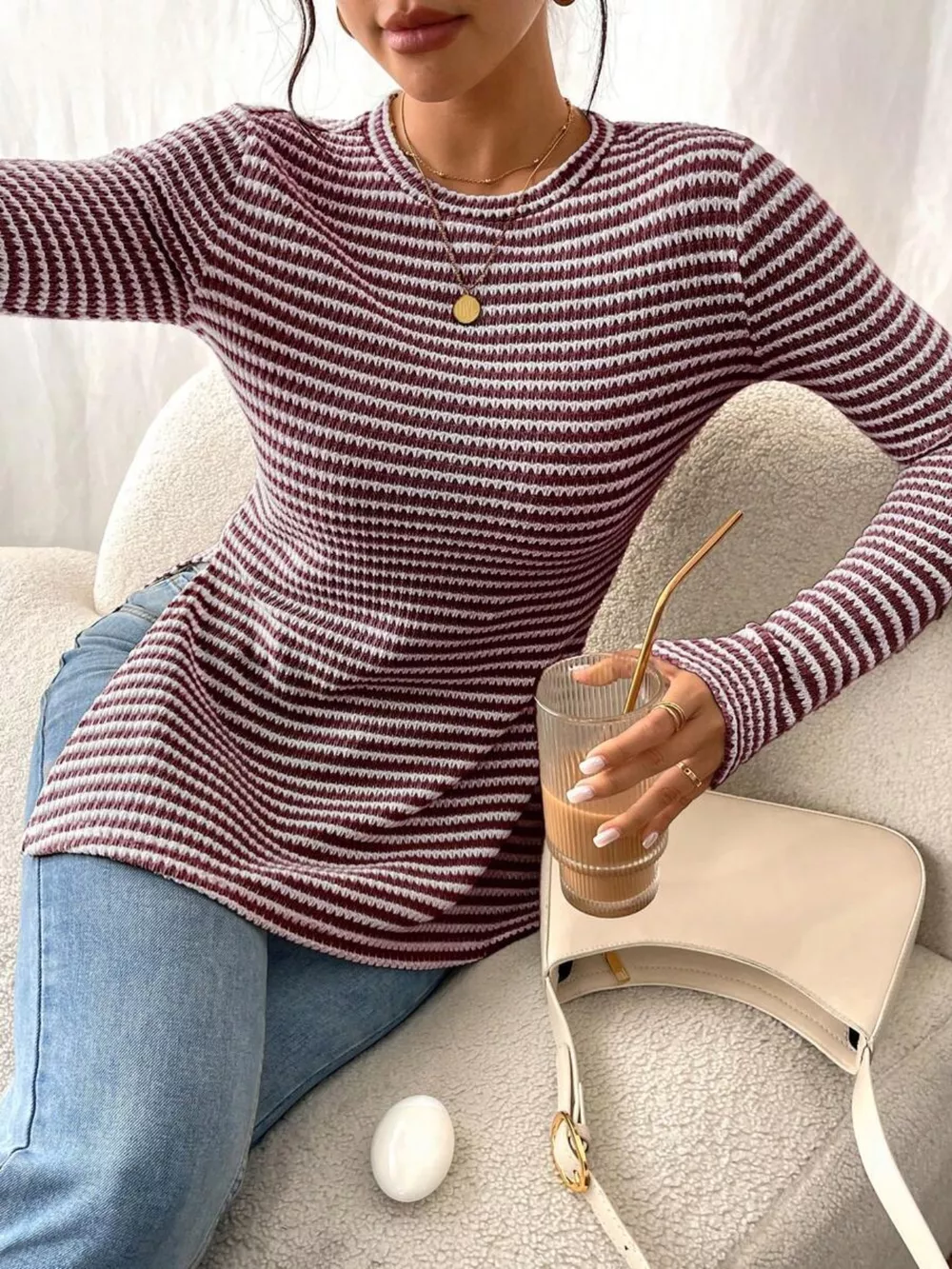 Slit Striped Long Sleeve Casual T-Shirt, image 14