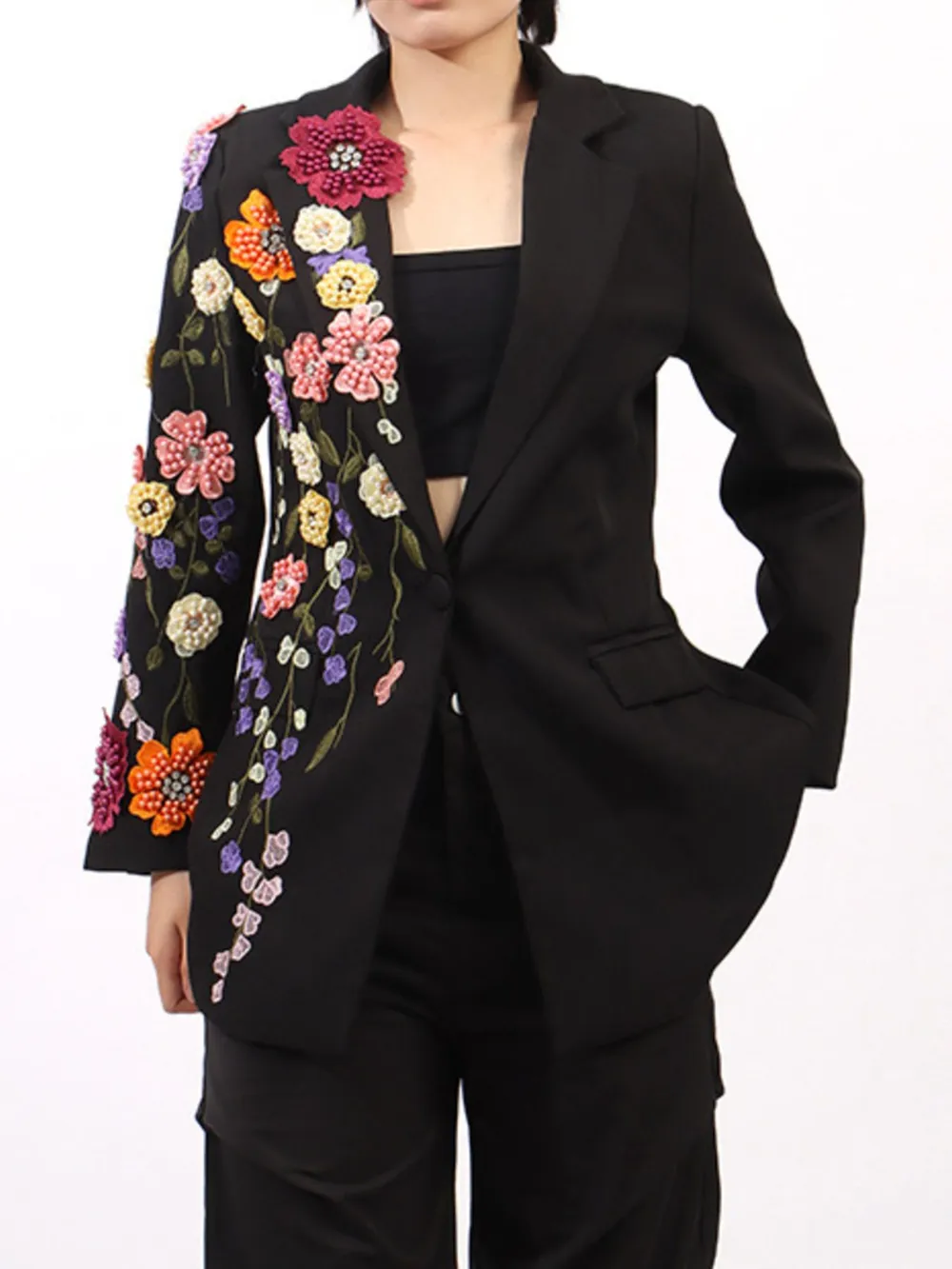 Pearl Detail Flower Lapel Collar Blazer, image 5