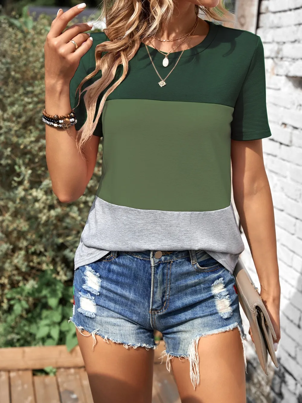 Color Block Round Neck Short Sleeve T-Shirt, image 21