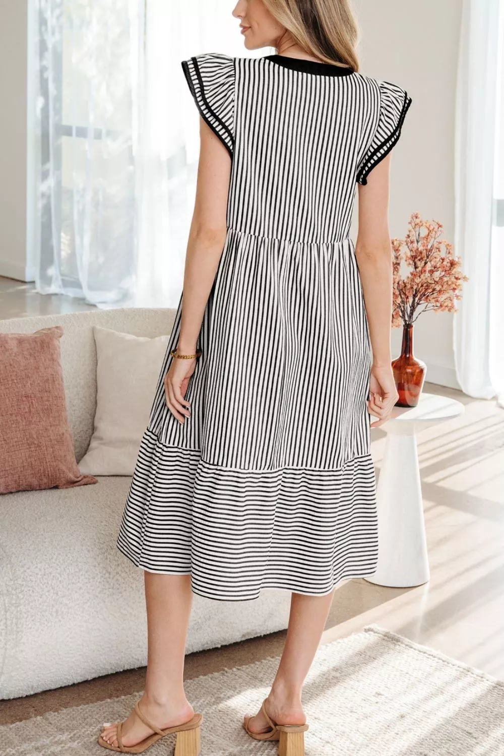 Striped Ruffle Sleeve Tiered Midi Dress, image 2