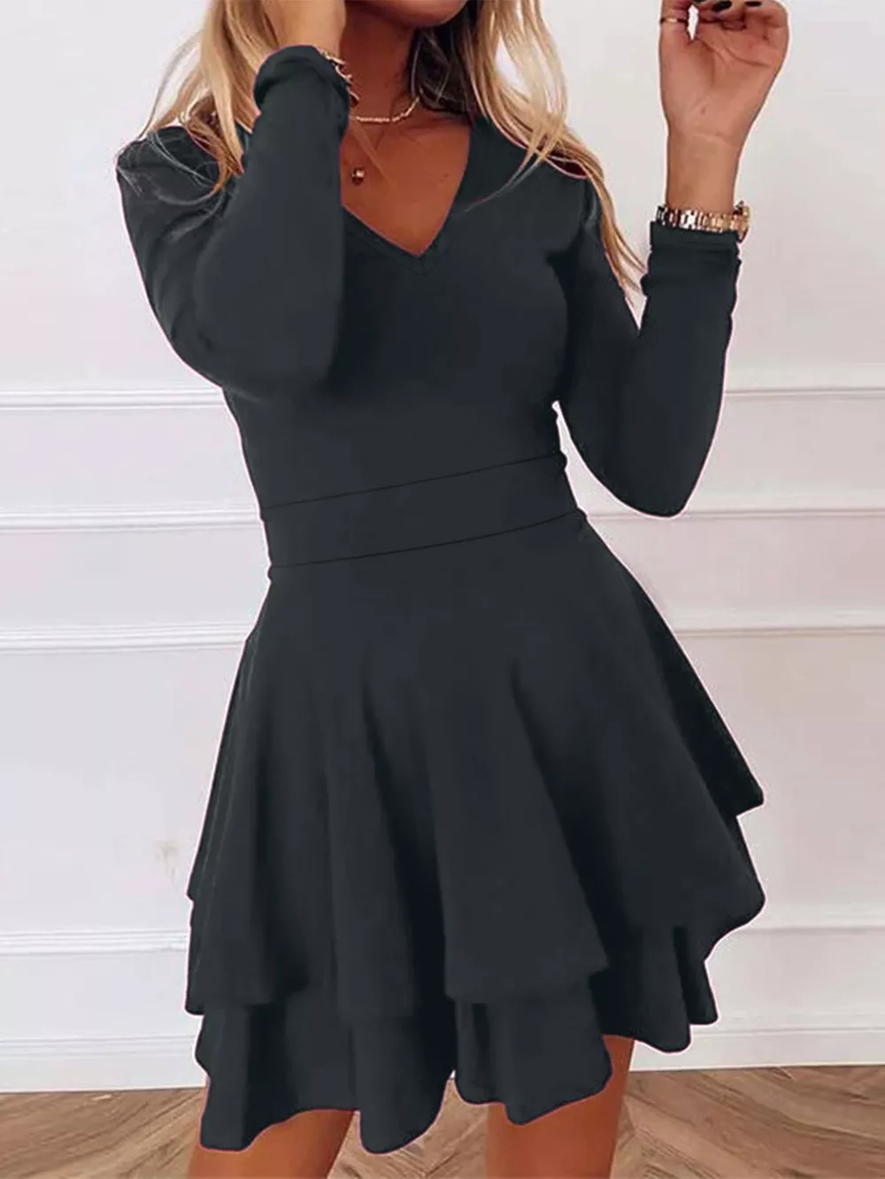 V-Neck Layered Ruffle Mini Dress, image 4