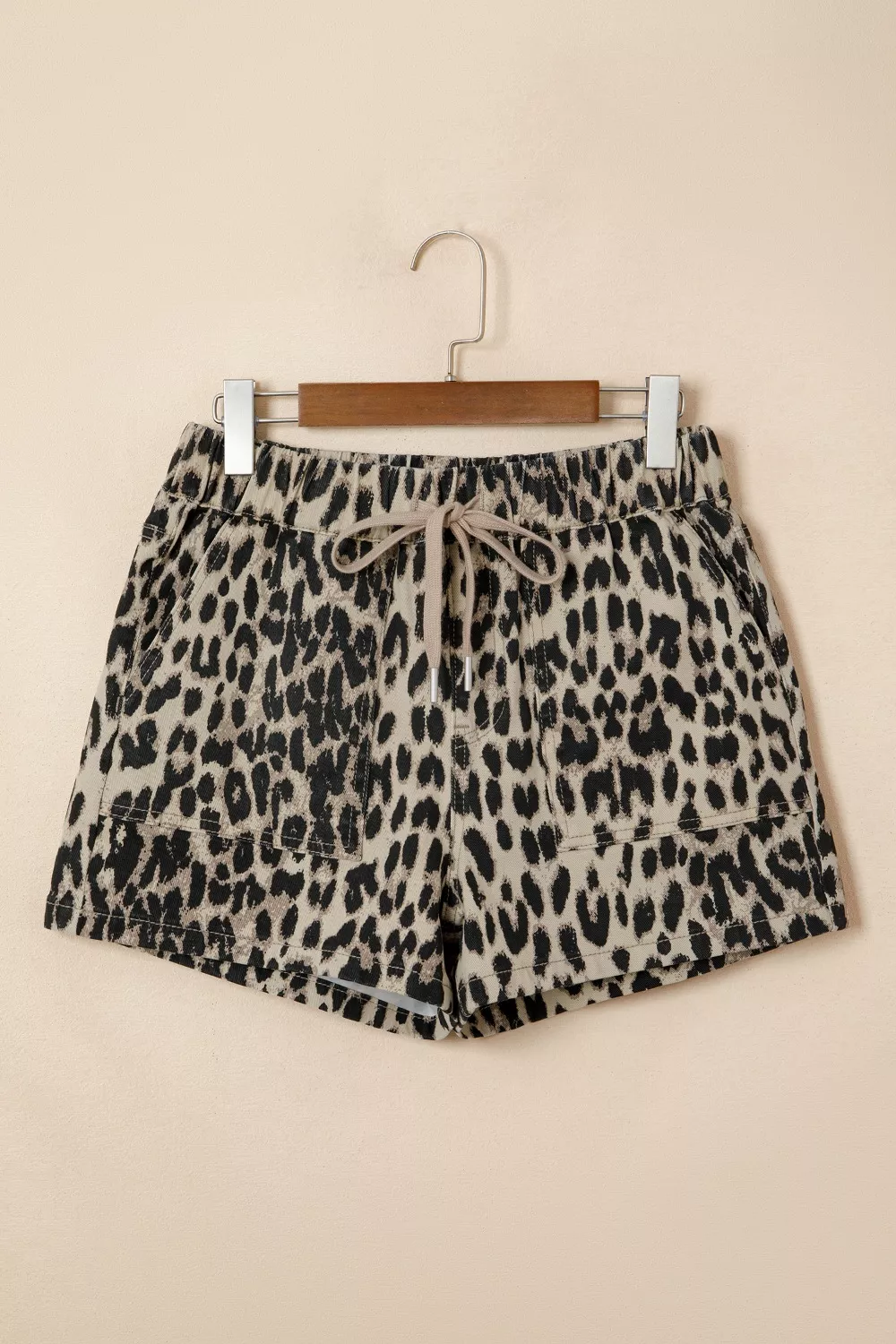 Leopard Print Lace-up Elastic Waistband Mid Rise Denim Shorts, image 3
