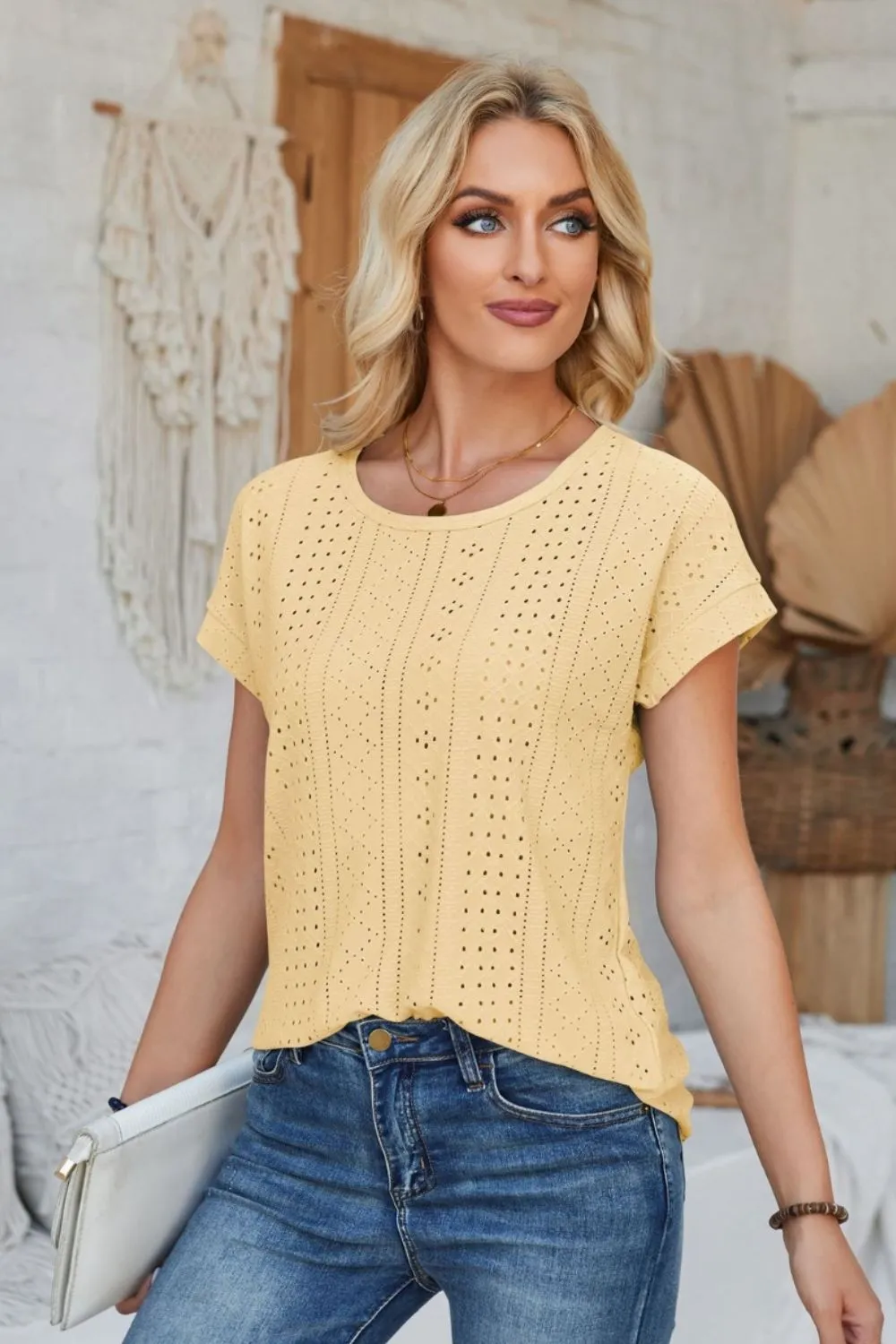 Eyelet Round Neck Rolled Short Sleeve T-Shirt, image 4