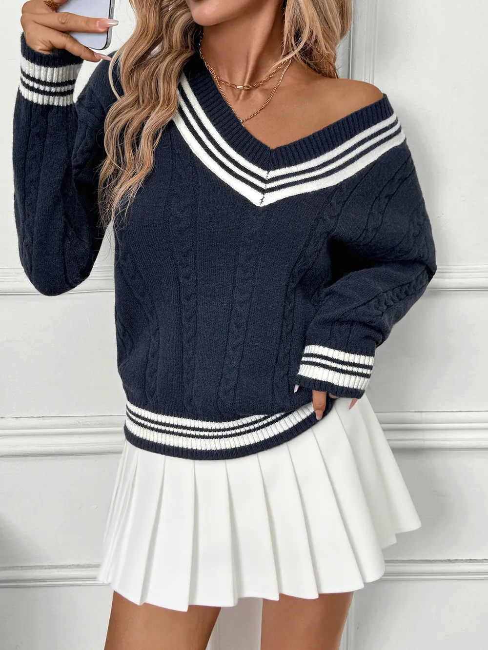 Contrast Striped V-Neck Sweater