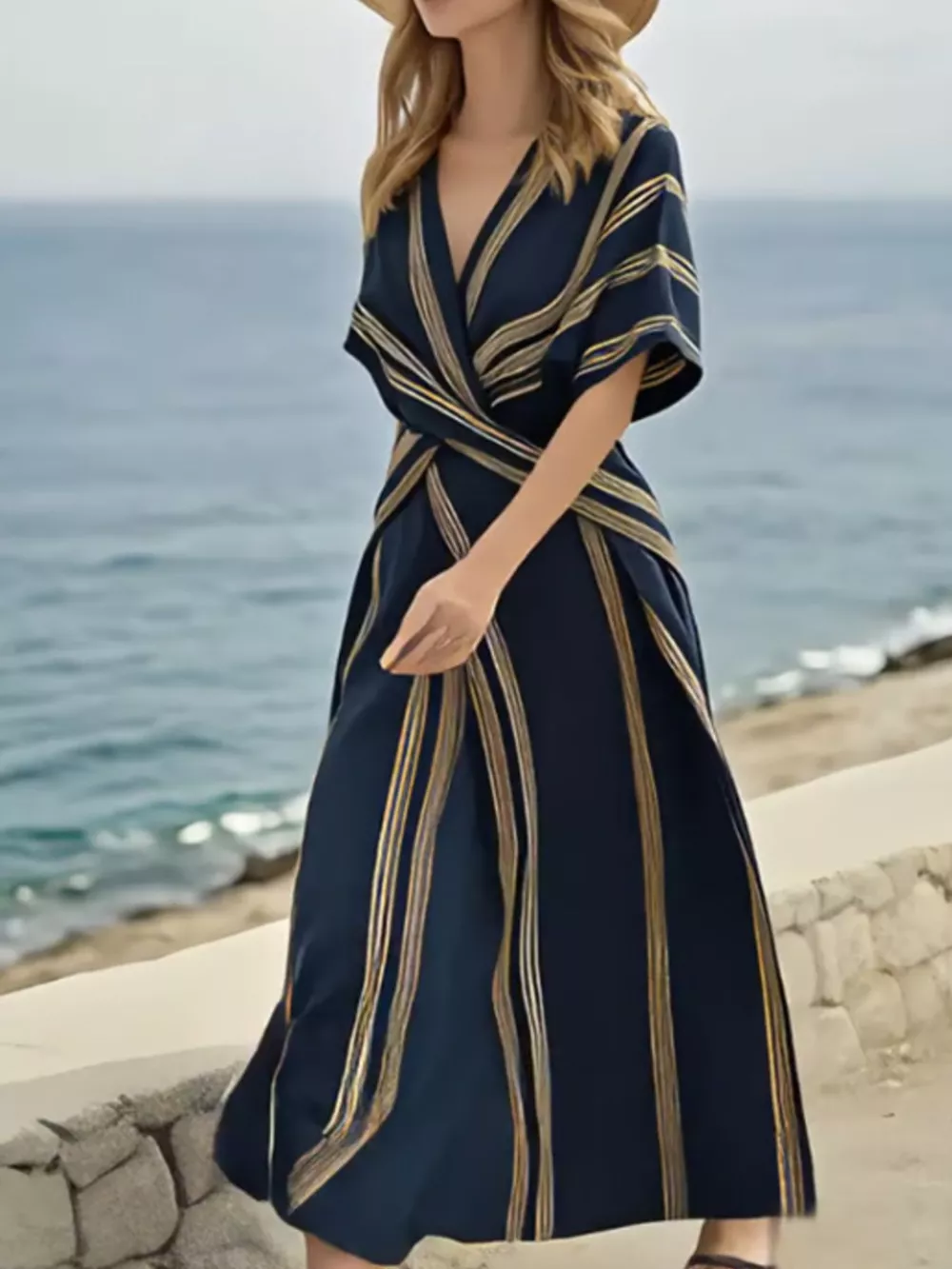 Full Size Striped Surplice Half Sleeve Midi Dress Plus Size, image 12
