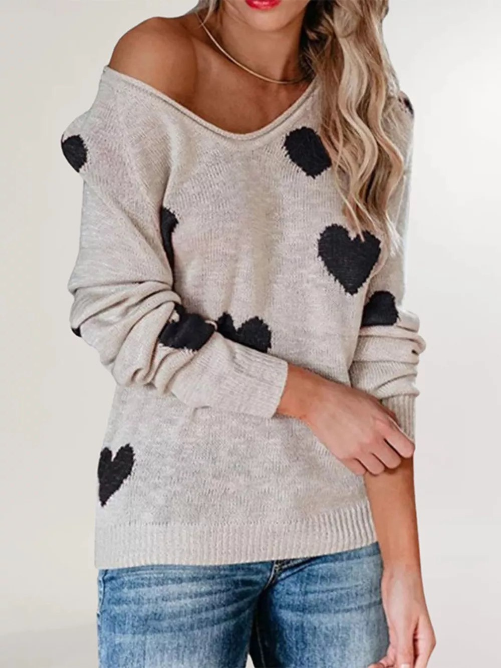 Heart Pattern V-Neck Sweater, image 5