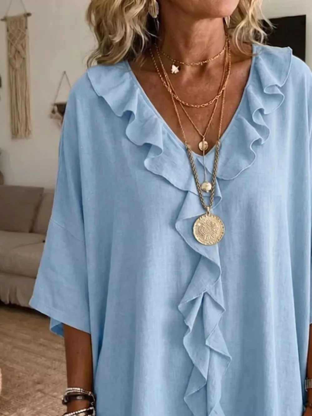 Full Size Ruffle V-Neck 3/4 Sleeve Blouse Plus Size, image 6