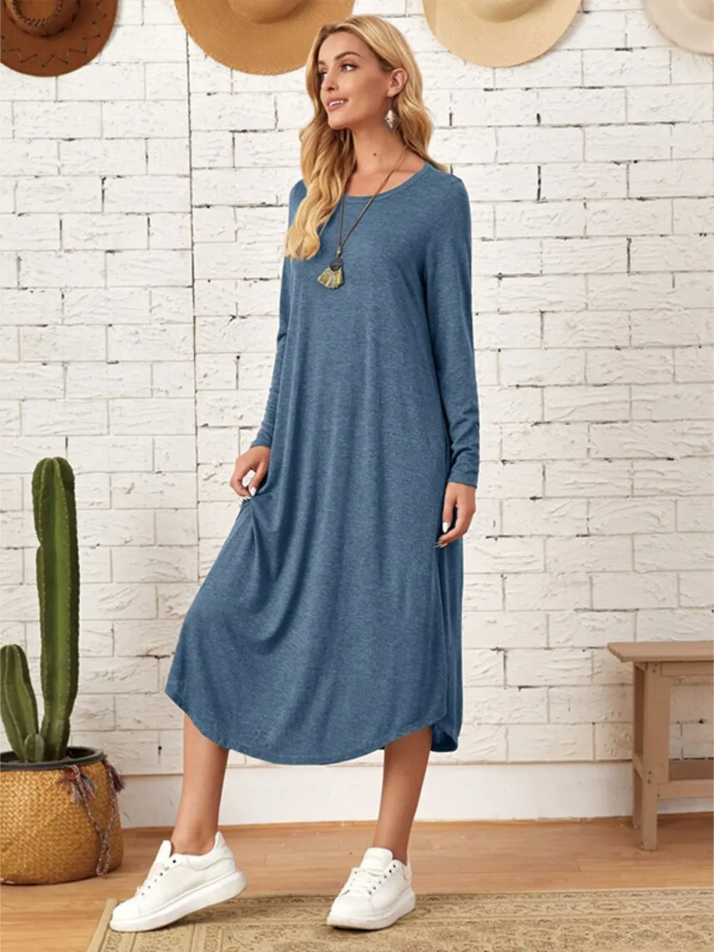 Pocketed Round Neck Long Sleeve Tee Dress, image 2