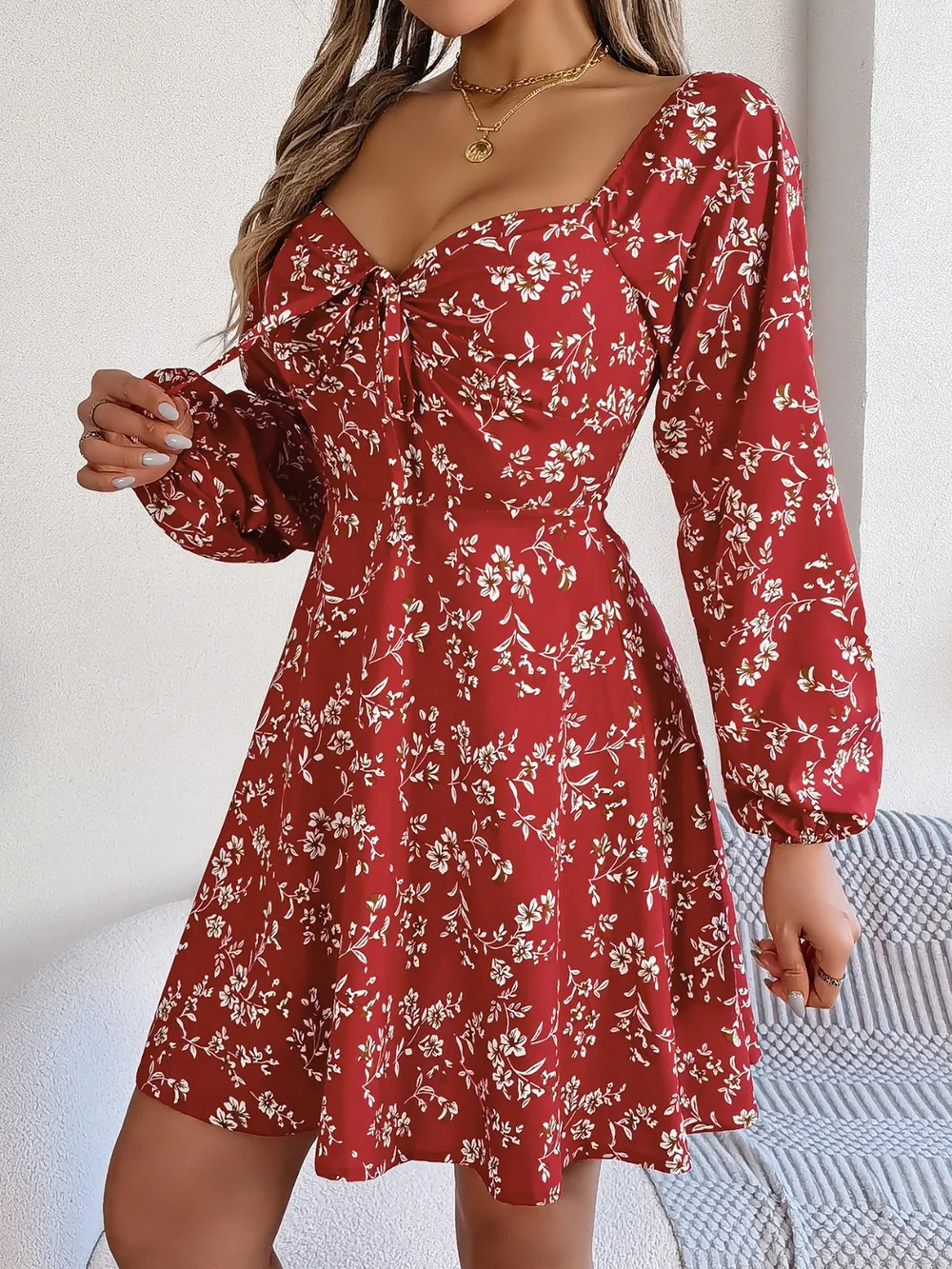 Printed Sweetheart Neck Balloon Sleeve Mini Dress, image 10