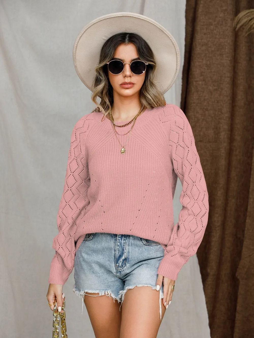 Openwork Round Neck Raglan Sleeve Sweater, image 20