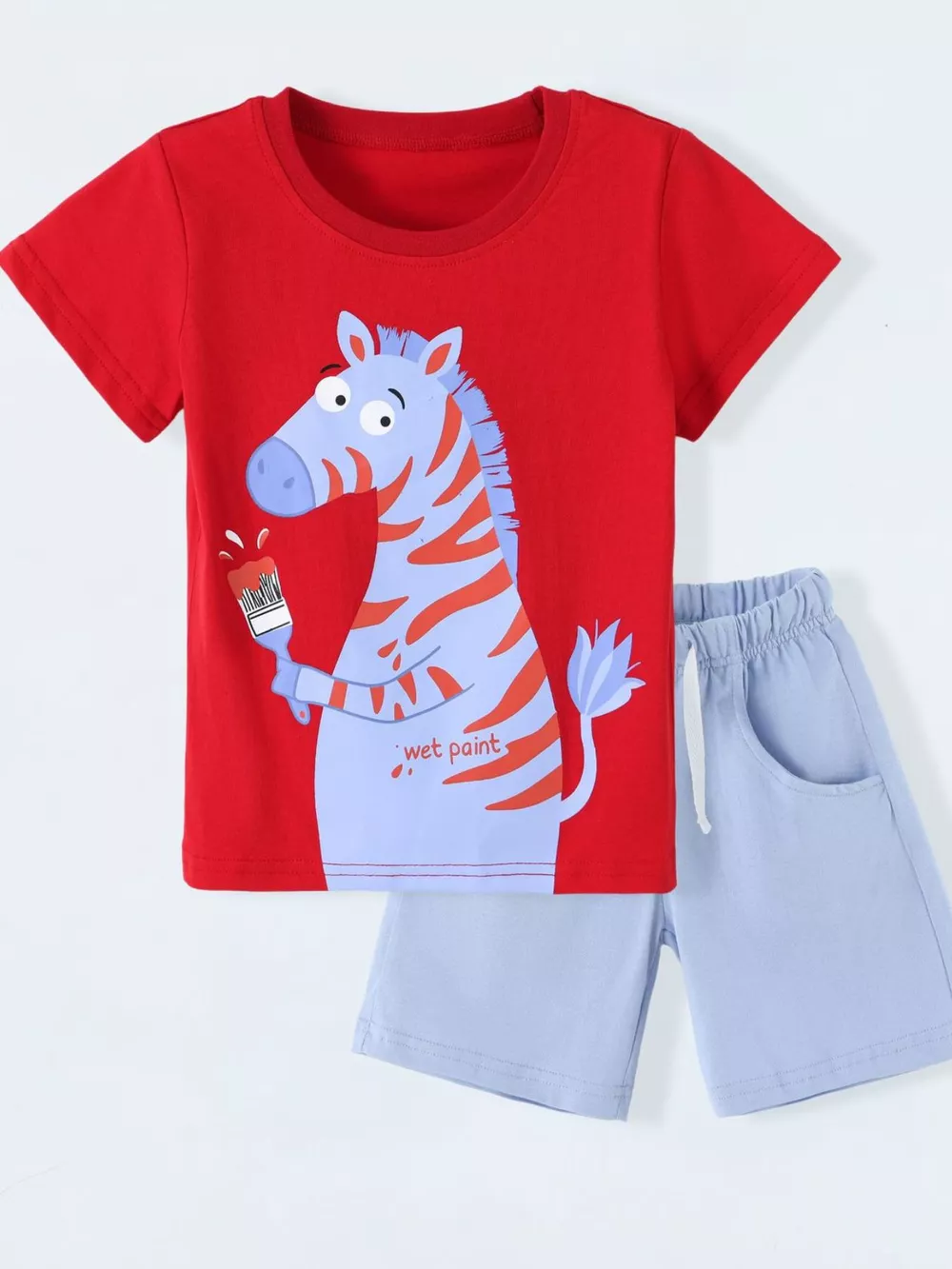 Children's Zebra Graphic Round Neck T-Shirt and Shorts Set, image 2