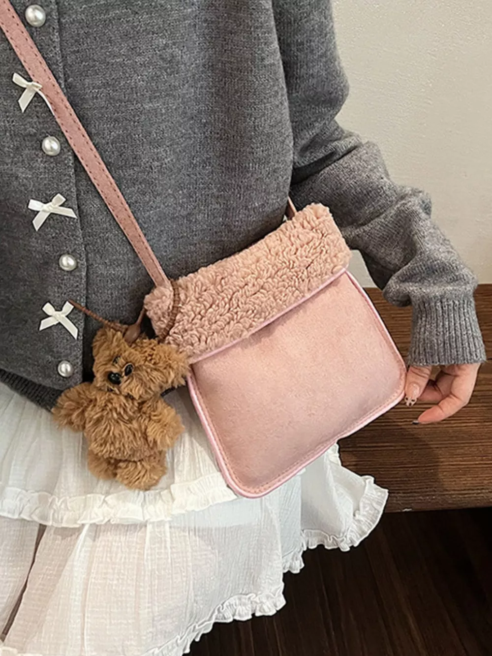 Teddy Bear Charm Plush Trim Crossbody Bag, image 5