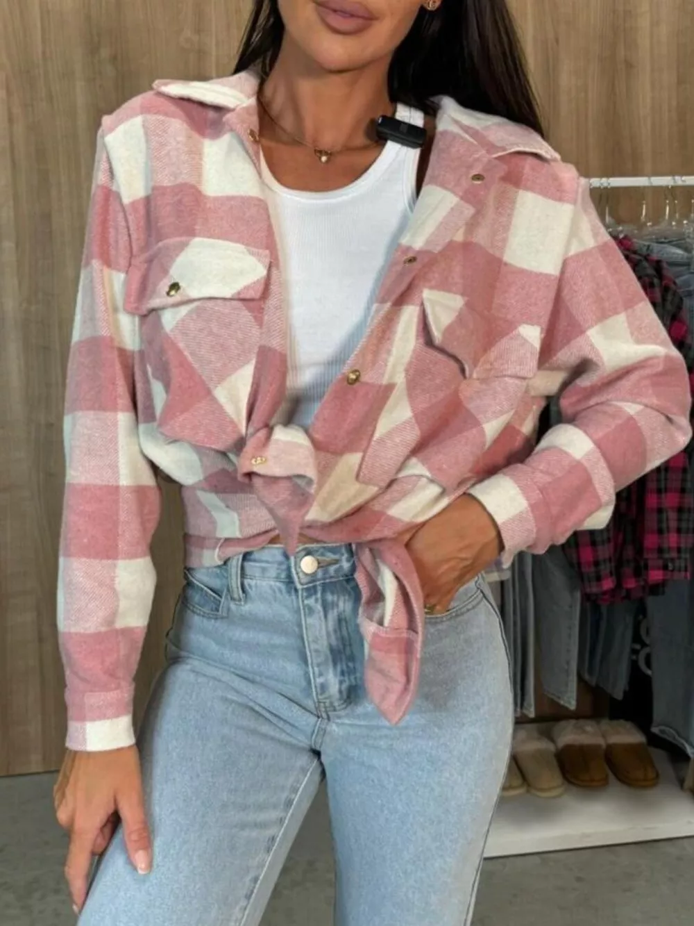 Plaid Button-Down Long Sleeve Shacket, image 3