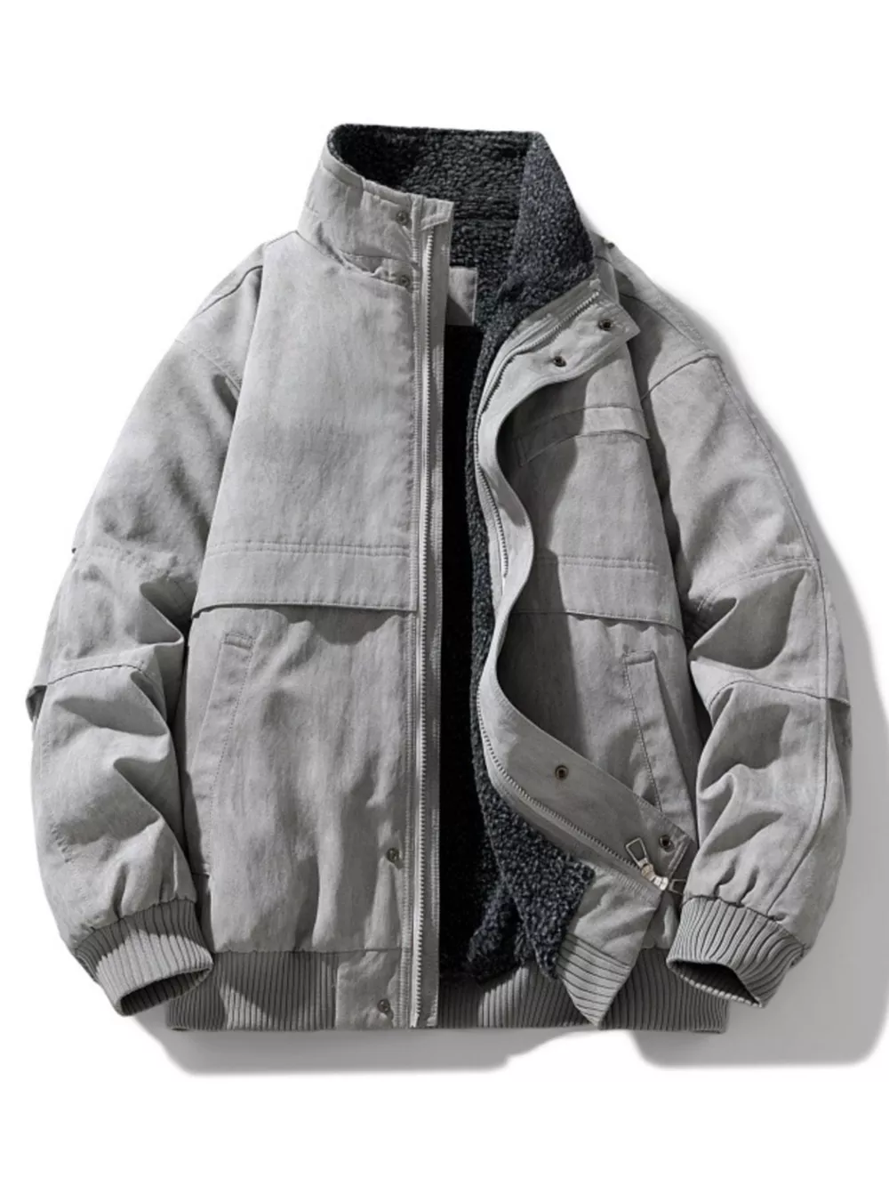 Men's Plus Size Sherpa Lined Stand Collar Bomber Jacket, image 5