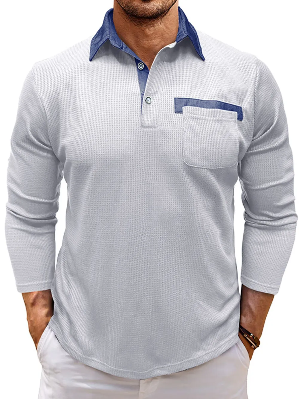 Men's Contrast Collar Long Sleeve Casual Polo Shirt, image 6