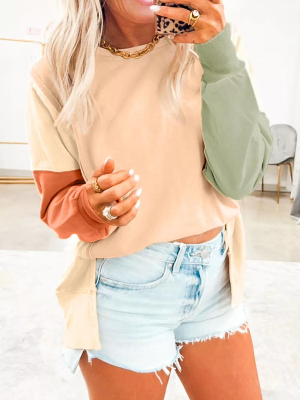 Color Block Round Neck Oversized Sweatshirt, image 2