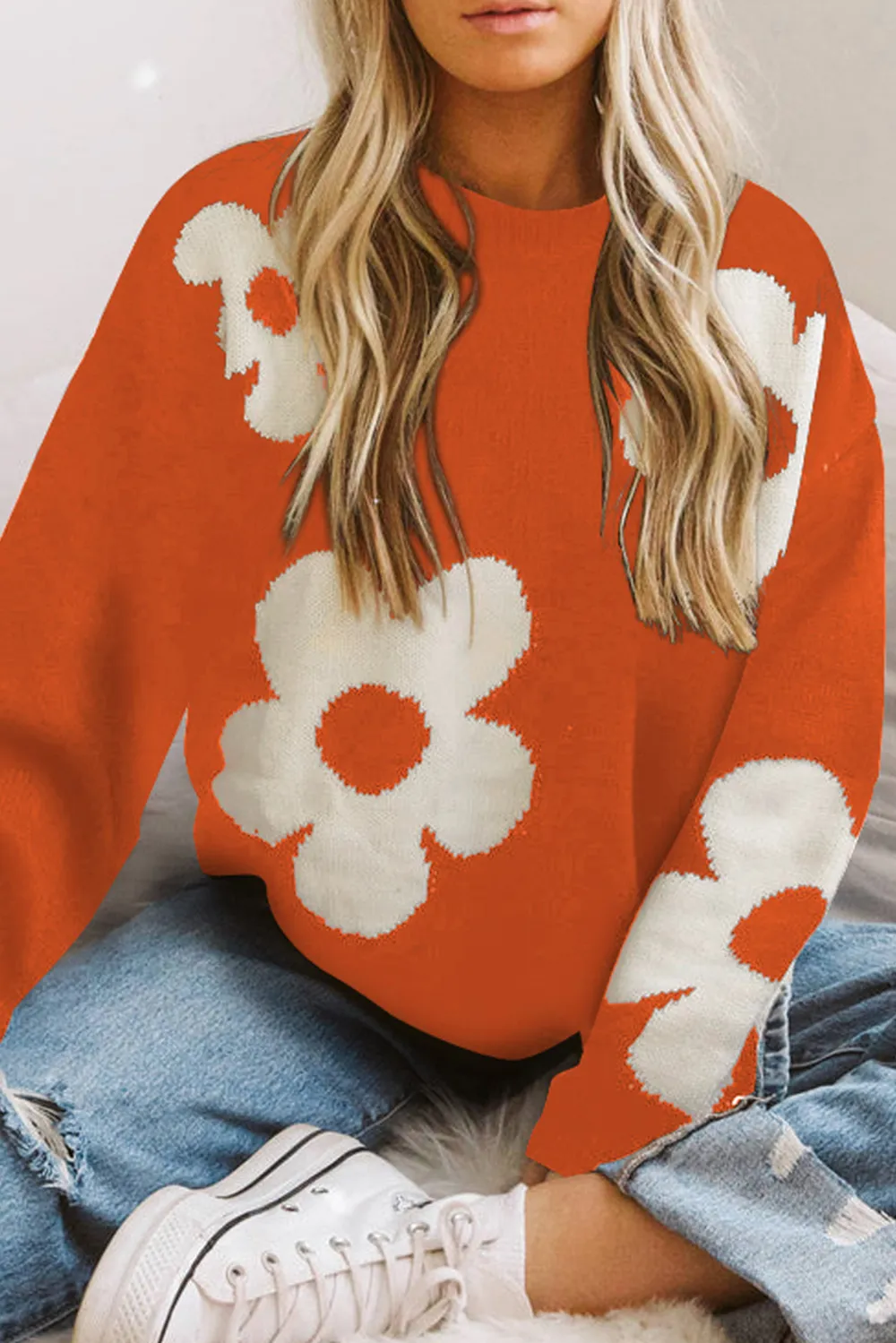 Round Neck Floral Pattern Color Contrast Design Long Sleeve Sweater, image 12