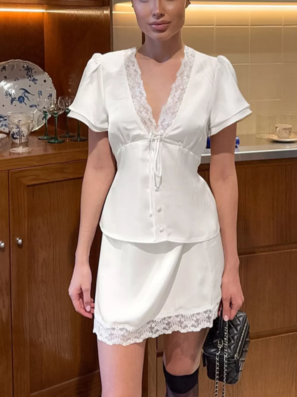 Lace Trimmed Top and Skirt Two-Piece Set, image 2