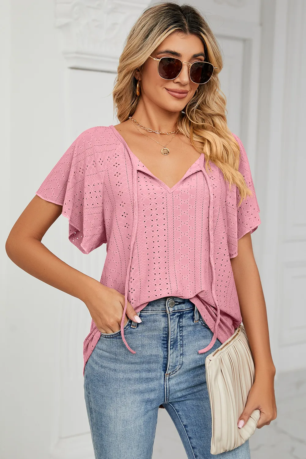 Eyelet Tie Neck Flutter Sleeve Blouse, image 10