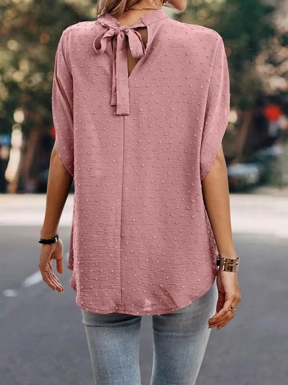 Swiss Dot Mock Neck Half Sleeve Blouse, image 27
