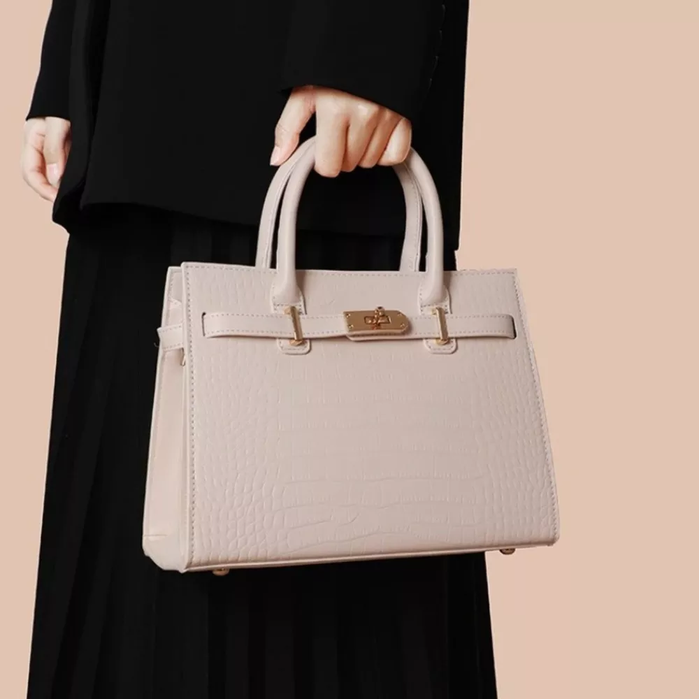 Crocodile-Embossed Leather Top Handle Handbag, image 2
